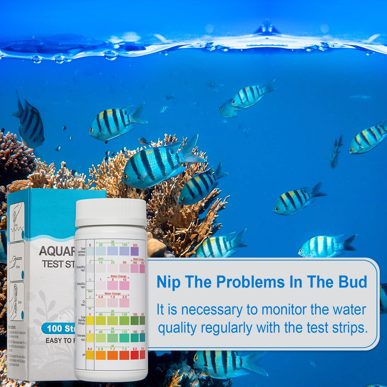 100pcs Aquarium Test Strips 7-In-1 Fish Tank Water Quality Test Kit for Freshwater Saltwater Aquarium