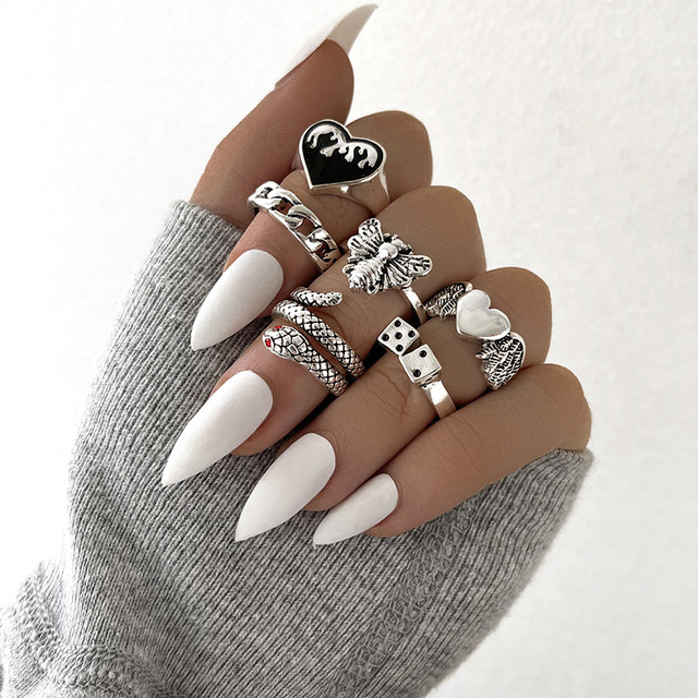 Punk Metal Multi Element Ring Set For Women Men Antique Silver Butterfly Snake Skull Finger Rings Gothic Jewelry Gift