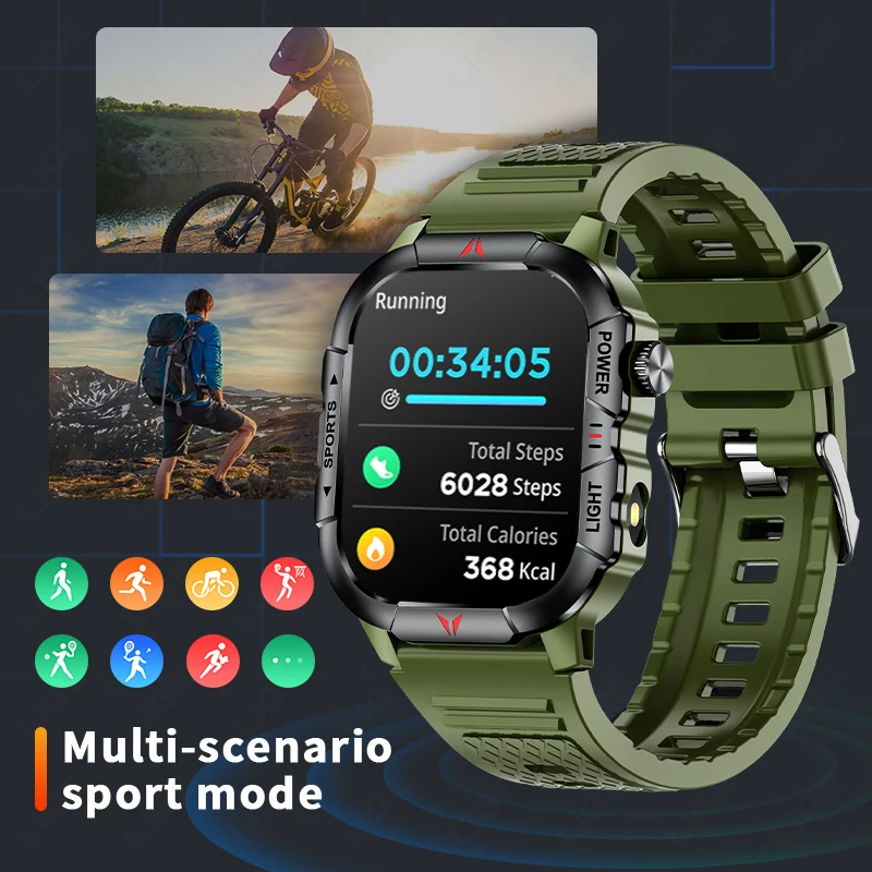 LIGE LED Flashlight Men Smart Watch Waterproof Watches 2.01-inch HD Screen Health Bracelet Military Outdoor Sport Smartwatch Man