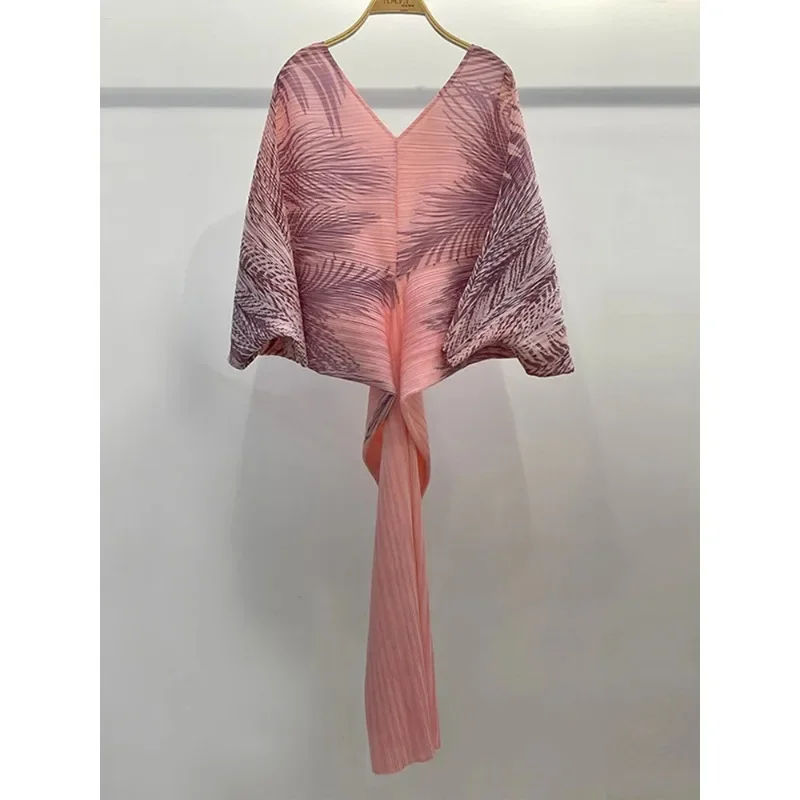 

Miyake Original Printed Pleated Dress for Women Designer Batwing Sleeves Fashion Slim Dresses Elegant Female Clothing 2024 New