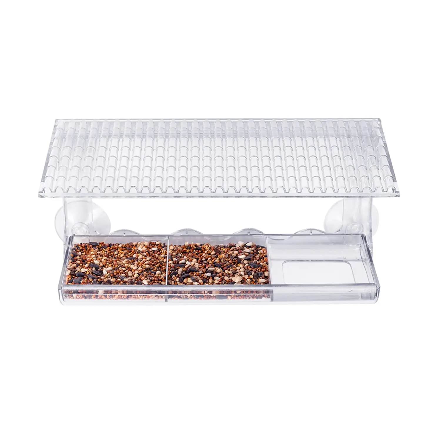 Bird Feeder Window Viewing Bird Feeder with 3 Section Tray and Roof Cover Outdoor Suction Cup Hanger Clear Plastic