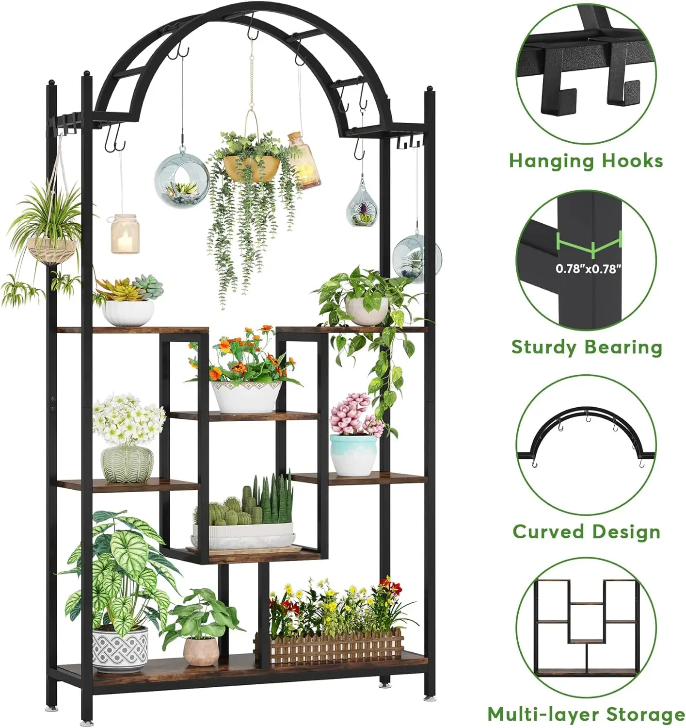 5-Tier Tall Indoor Plant Stand, 74.8'' Arched Metal Flower Shelf with Hanging Hooks, Large Bonsai Pots Display Rack for Indoor,