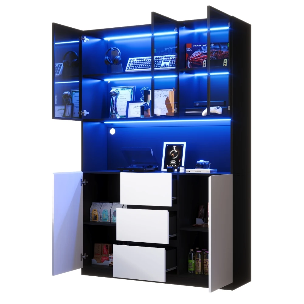 Bücherregal mit Glastüren und LED-Beleuchtung, Vitrine mit offenem Fach und 3 Türen, Aktenschrank für Ordner und Bücher – Detail 34