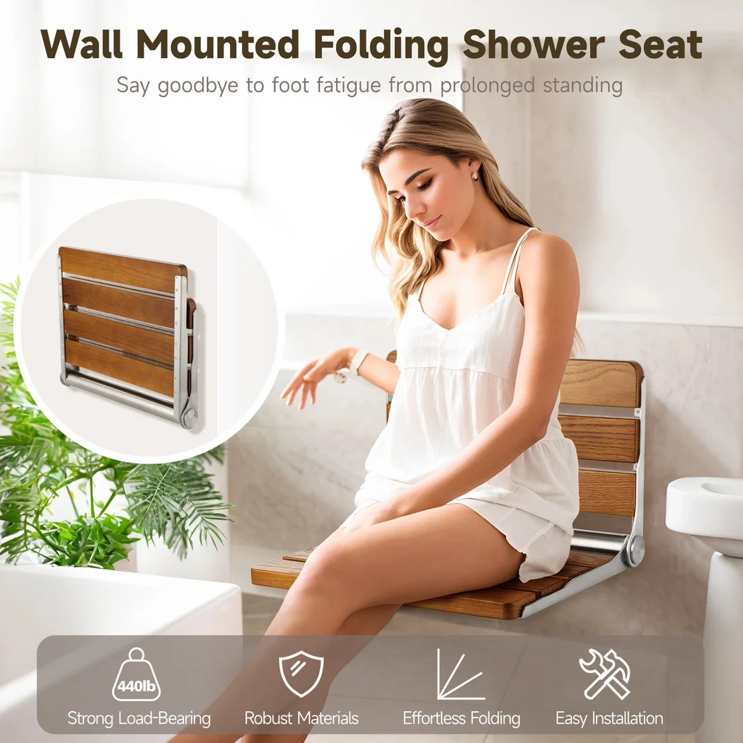 Folding Shower Seat Wooden Shower Bench Wall Mounted Fold Down Home Care Chair Bench For Pregnants Seniors Load 440lb