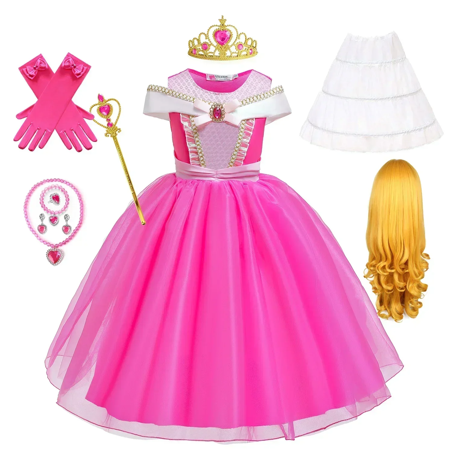 Girls Aurora Dress Princess Halloween Cosplay Costume Princess Rosy Pink Deluxe Outfit Kids Birthday Party Gown Fairy Disguise