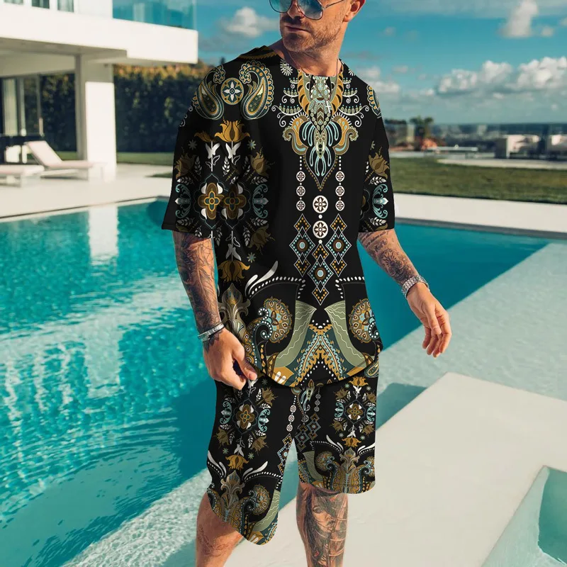 3D Printing Retro Style Men's Fashion Summer Short-Sleeved T-Shirt Set Fashion Two-Piece Street Beach Short-Sleeve Tracksuit Men