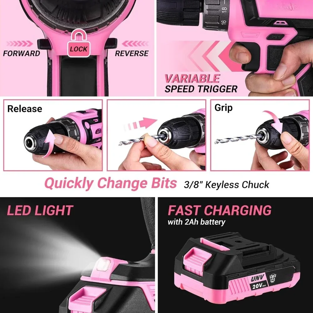 Pink Drill Tool Kit Set: 20V Cordless Power Drill Tool Box with Battery Electric Drill Driver for Men Home Hand Repair Basic Too 4