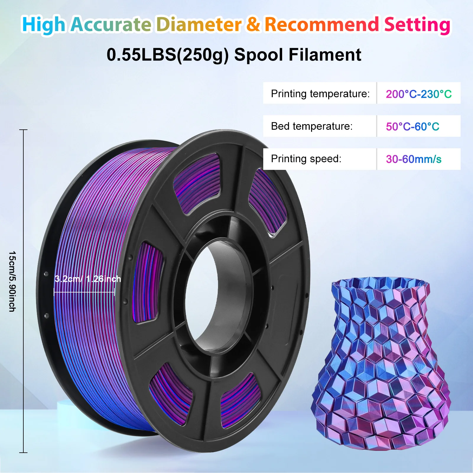 PLA 필라멘트 1.75mm 듀얼 컬러 블루 퍼플, 3D 프린터 필라멘트, 250g 스풀(0.55lbs) 대부분의 FDM 3D 프린터에 호환 가능