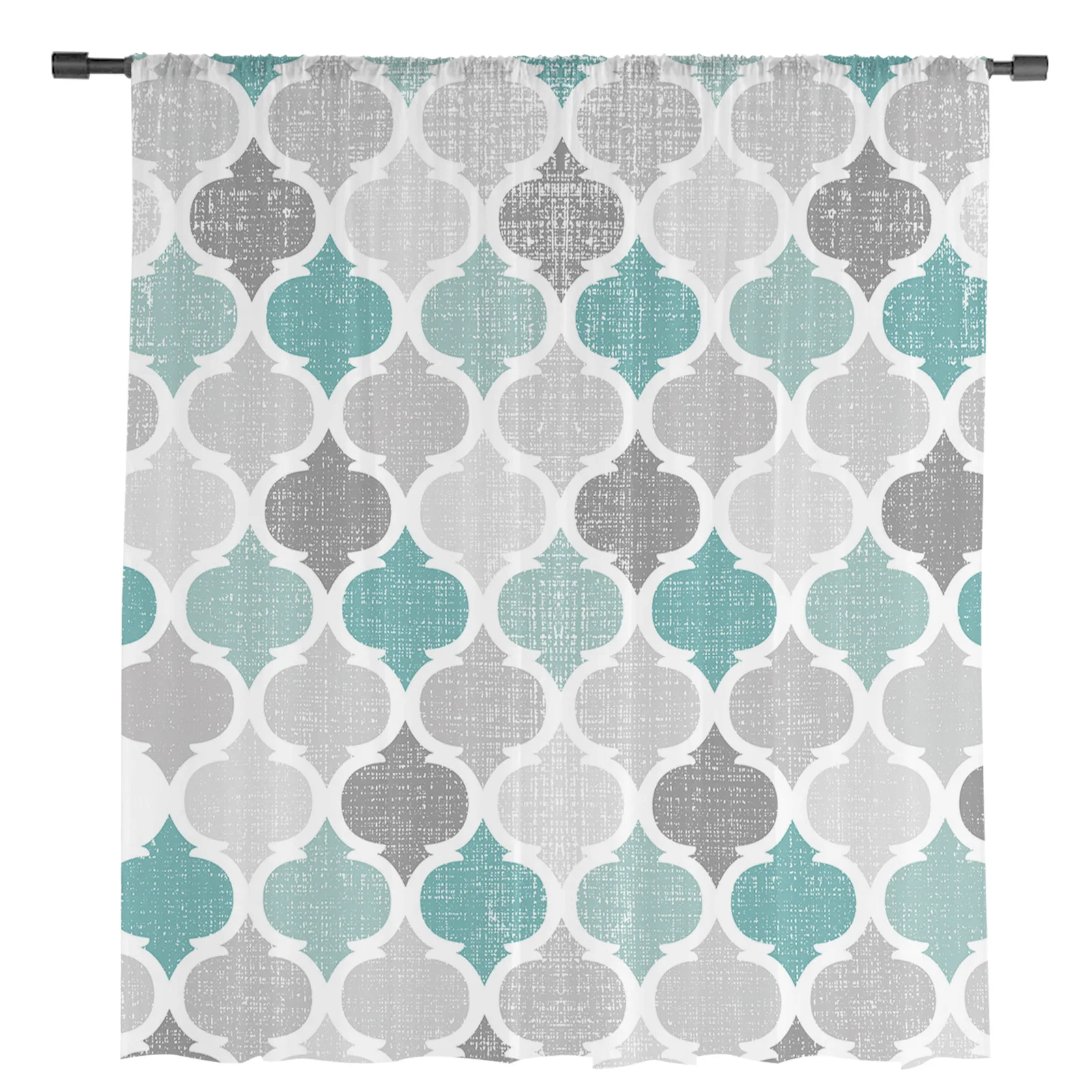 Turquoise Grey Geometric Moroccan Retro Tulle Curtains Living Room Kitchen Window Decoration Chiffon Voile Sheer Curtain