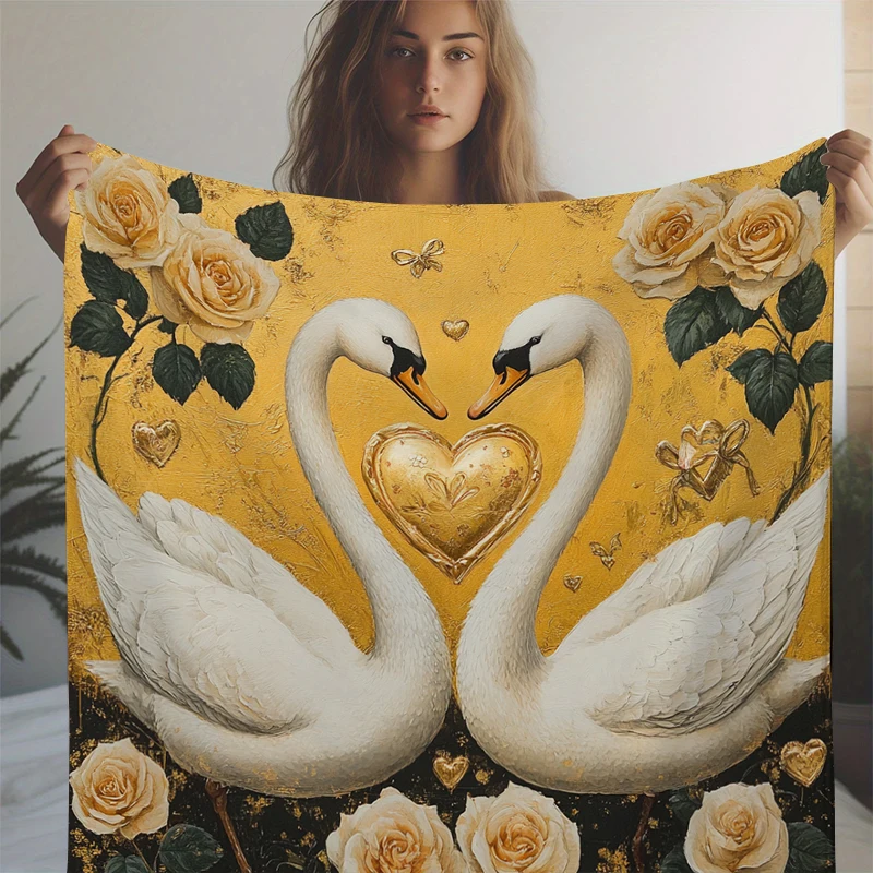 Rose Golden Swan Print Blanket Soft Throw Blanket for Home Bedroom Bed Sofa Travel Office Solid Cover Blanket Valentine's Day