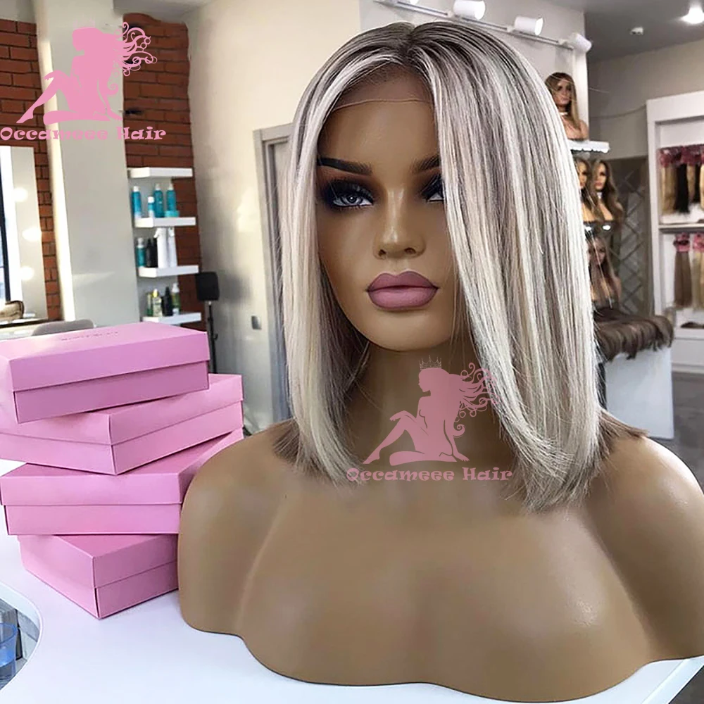 Perruque Bob Lace Front Wig Remy Brésilienne Naturelle, Cheveux Lisses, Couleur Blond Ombré, Bords Complets, à Reflets, pour Femme