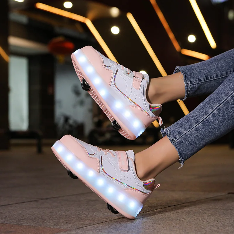 Roller Skate Shoes - Kids LED Light Sneakers With Hook & Loop Closure