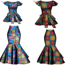 African Two Pcs Set Flared Skirt and Top Dashiki Wax Print Cotton Plus Size Party Clothing WY10076