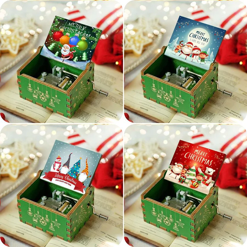 New Wooden Hand Crank Music Box Merry Christmas Music Theme Jurassic
