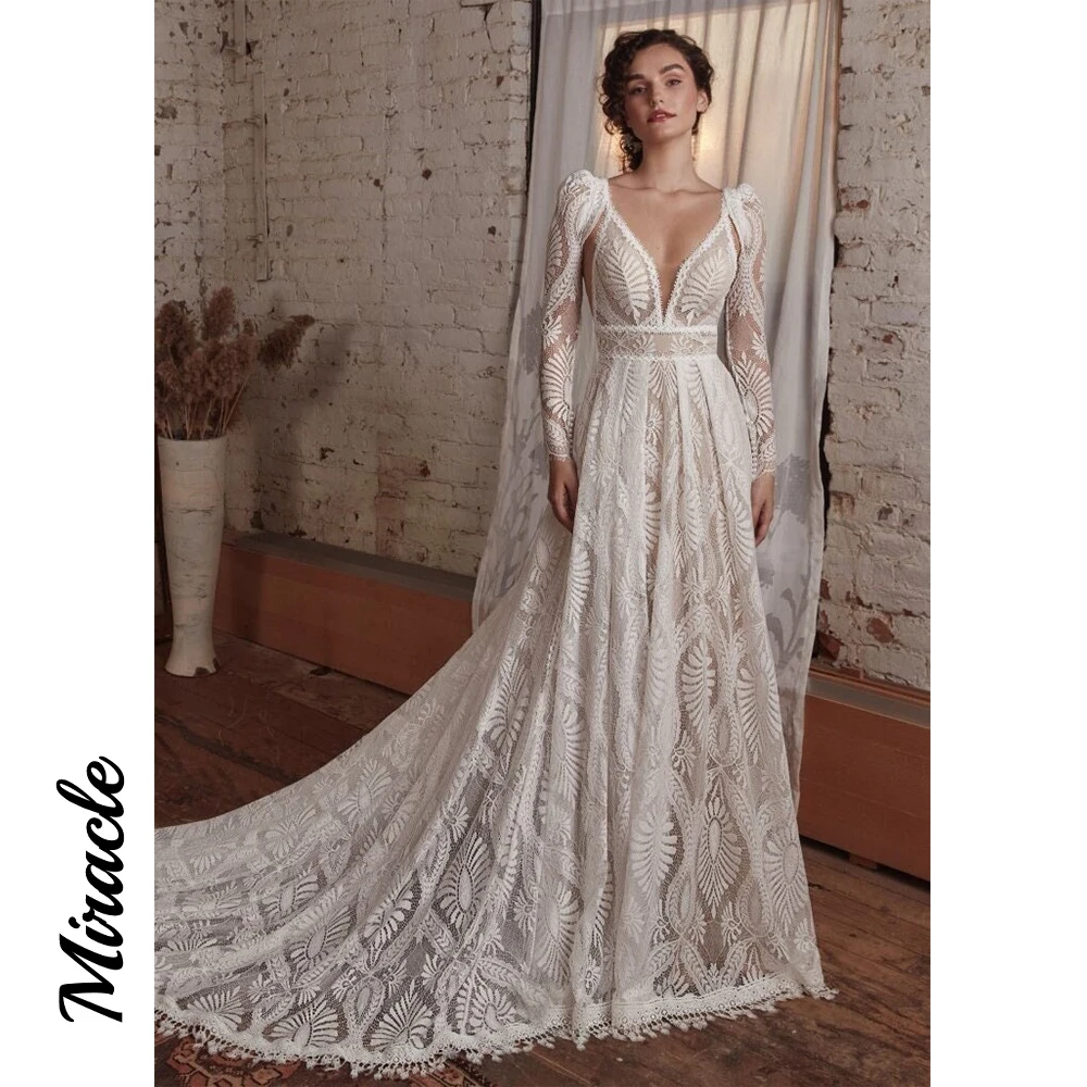 

Boho A-line Wedding Dresses Deep V Neck Womens Dresses Detachable Sleeves Elegant And Pretty Women's Dresses Vestidos Para Mujer