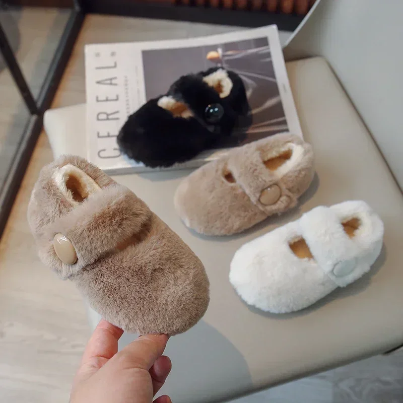 

Kids Flat Shoes Fluffy Fur Warm Shallow New 2024 Winter Children Casual Shoes Hook-loop Cover Toe Comfy Girls Shoes