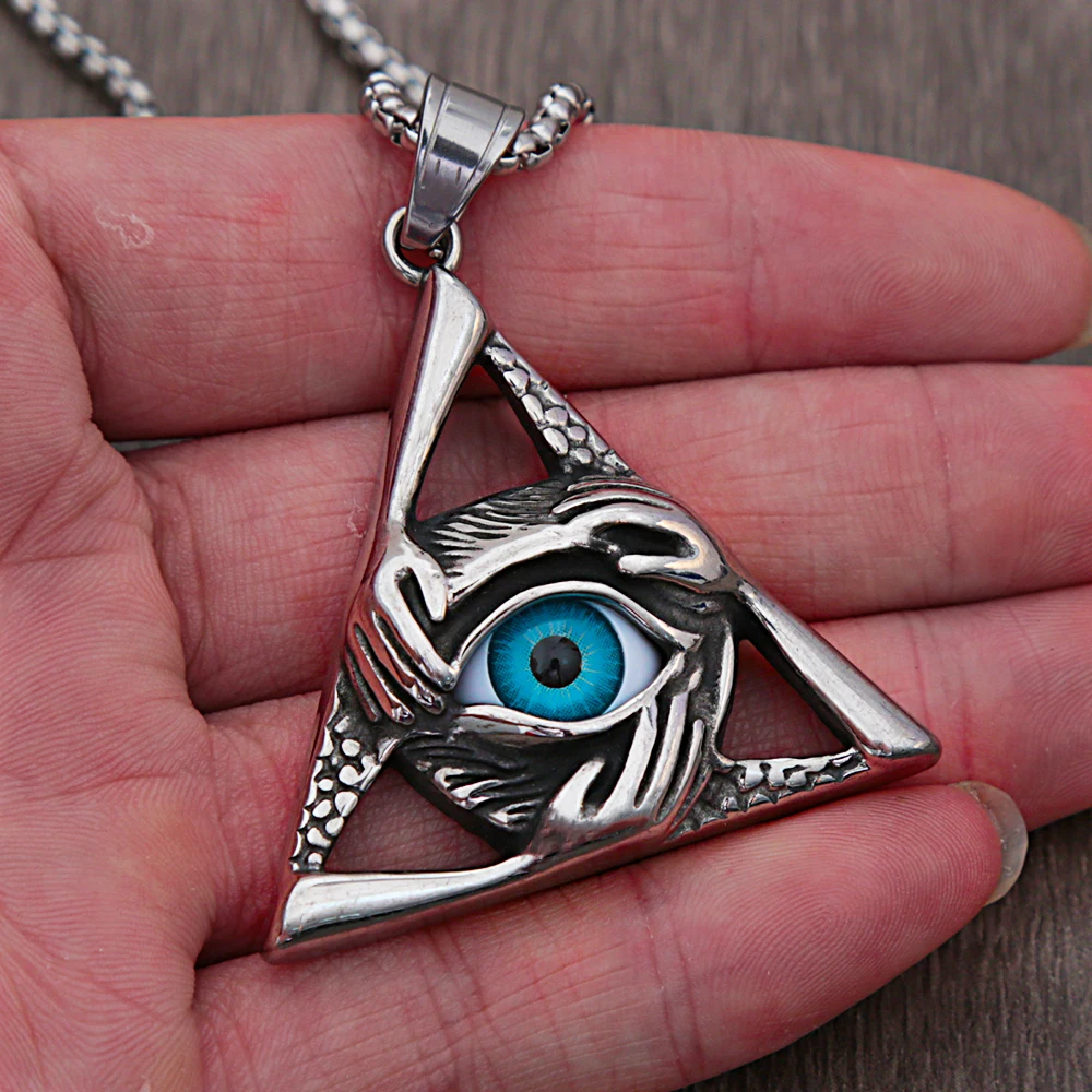 Retro Unique Evil Eye Pendant for Men Punk Hip Hop Stainless Steel Triangle Necklace Personality Fashion Jewelry Gift Wholesale