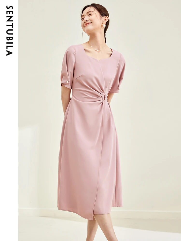 

SENTUBILA Pink Ruched Midi Dress for Women 2023 Summer Elegant Short Sleeve Square Collar Solid Gentle A-Line Dresses M32L50410
