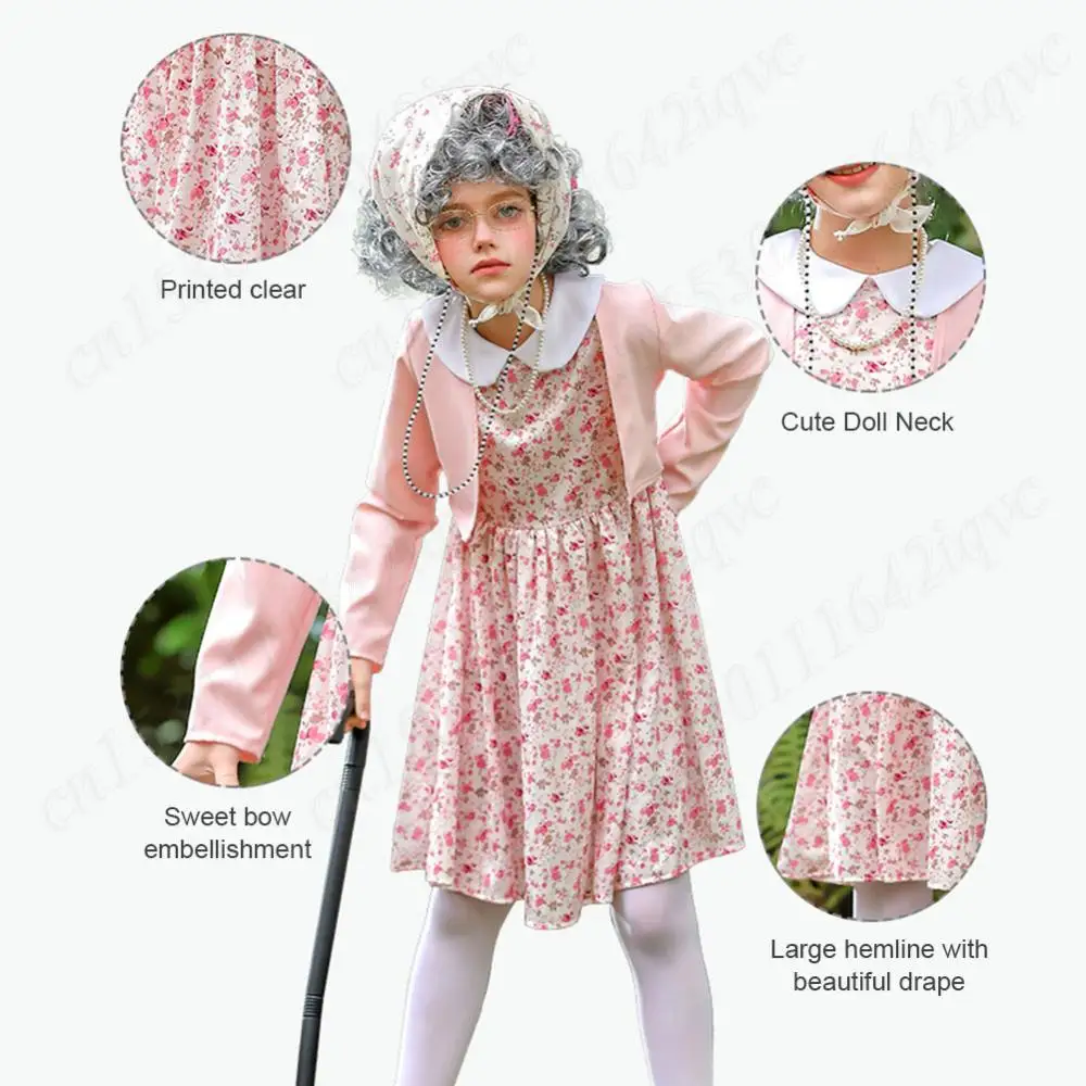 100 Days Old Lady Costume Cosplay Set 100 Days of School Costume Wig Accessories Grandma Outfit Old Lady Dress Up for Girls