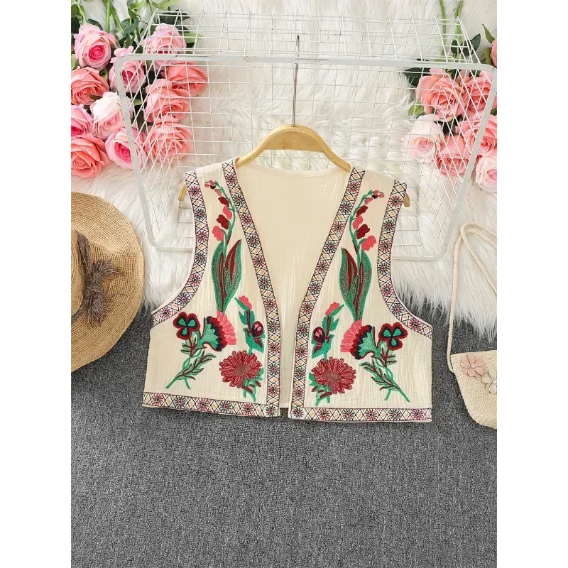 

Ethnic Style Vests Women Retro V-neck Embroidery Vest Waistcoat Jacket Casual Seaside Vacation Top Sleeveless Cardigan Dropship