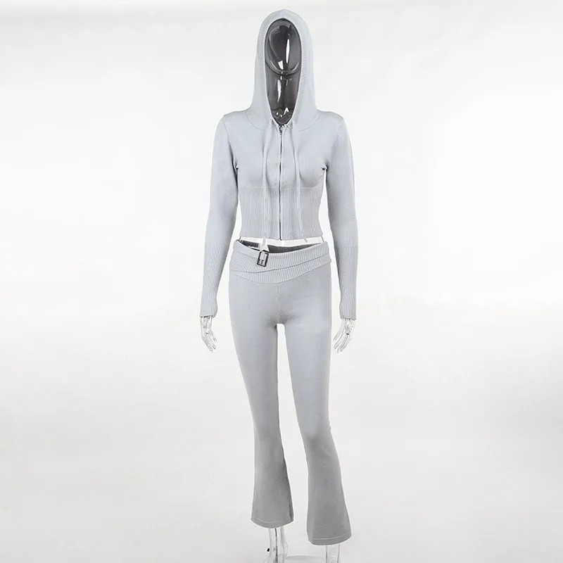 Knit Hoodie And Pants Sets Women Outfits Low Waist Knitted Cropped Top Sweat Leggings Women Two Piece Set Tracksuit New