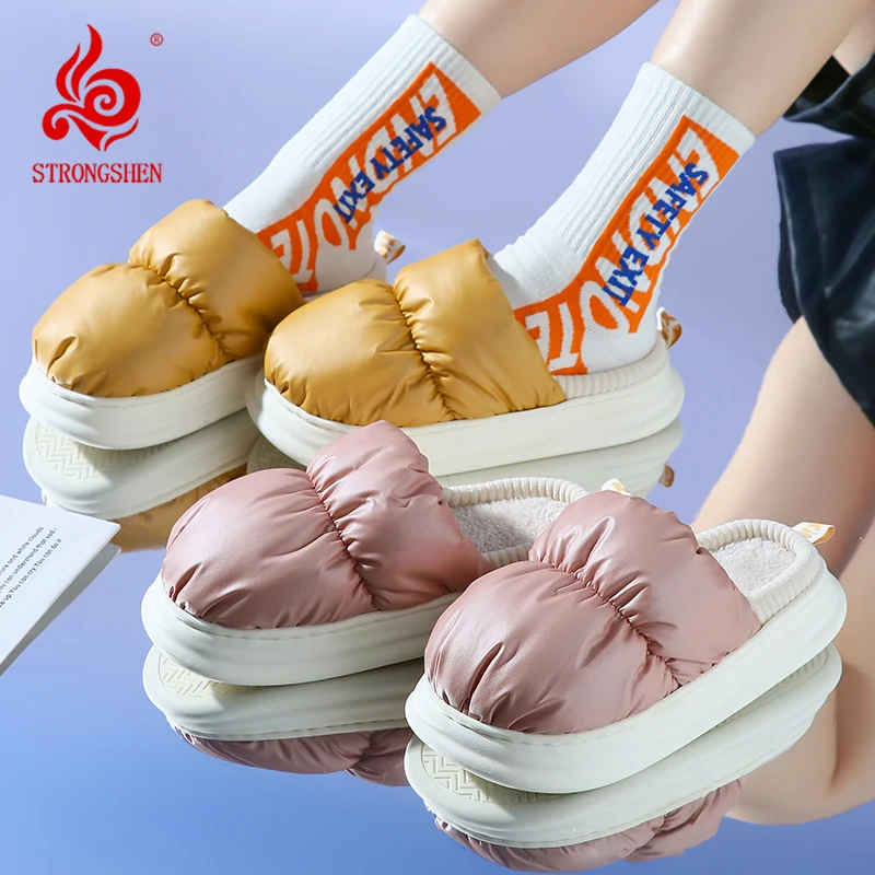 STRONGSHEN Cotton Slippers Women Anti Slip and Warm Home Waterproof Soft Bottom Plush Shoes Couple Winter House Slippers