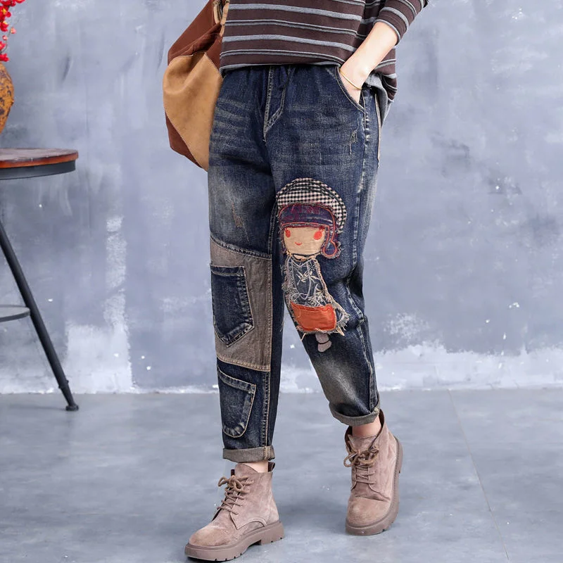 Vintage Baggy Jeans Printing Embroidery Women Casual Loose High Waist Do Old Harem Denim Pant Trousers Korean Fashion Bottoms