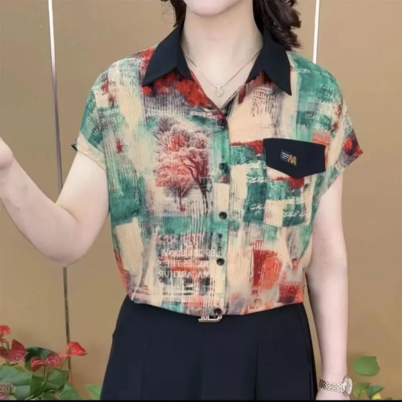 Office Lady Stylish Contrasting Colors Printed Blouse Female Clothing Single-breasted Summer Casual Polo-Neck Patchwork Shirt