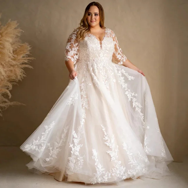 3/4 Sleeves Vestidos De Novia V Neck Exquisite Lace Plus Size