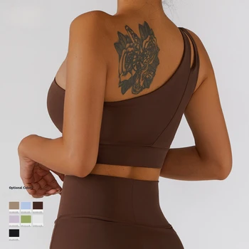 VEQKING High  Support Yoga Bras for Women Asymmetric One Shoulder Sports Crop Tops with Pads Push Up Gym Workout Bralette