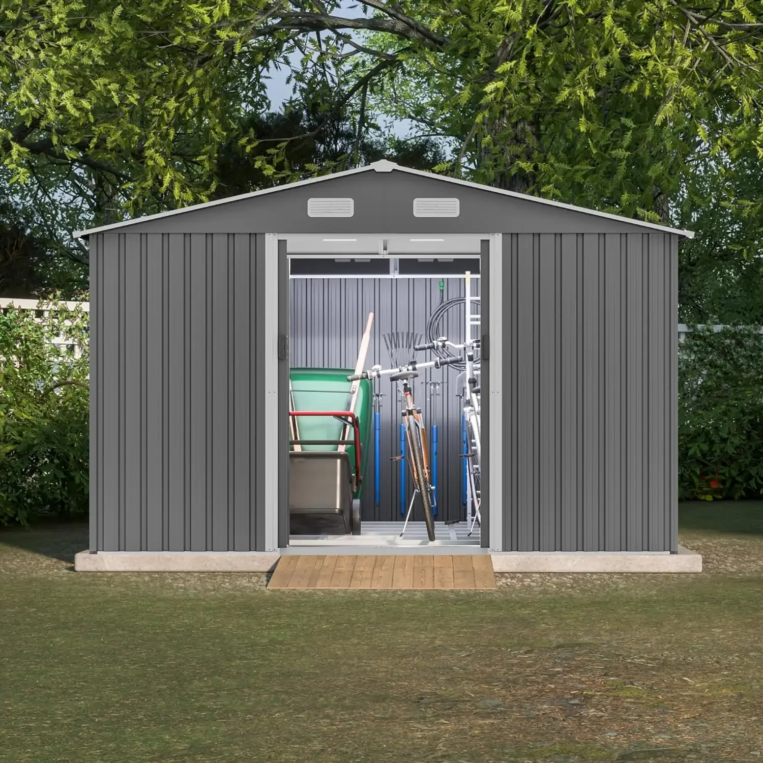 

Garden Shed Patio Sheds Outdoor Storage Gray Backyard Storage Shed With Sliding Door Prefabricated Warehouse 3 Hooks Shelter