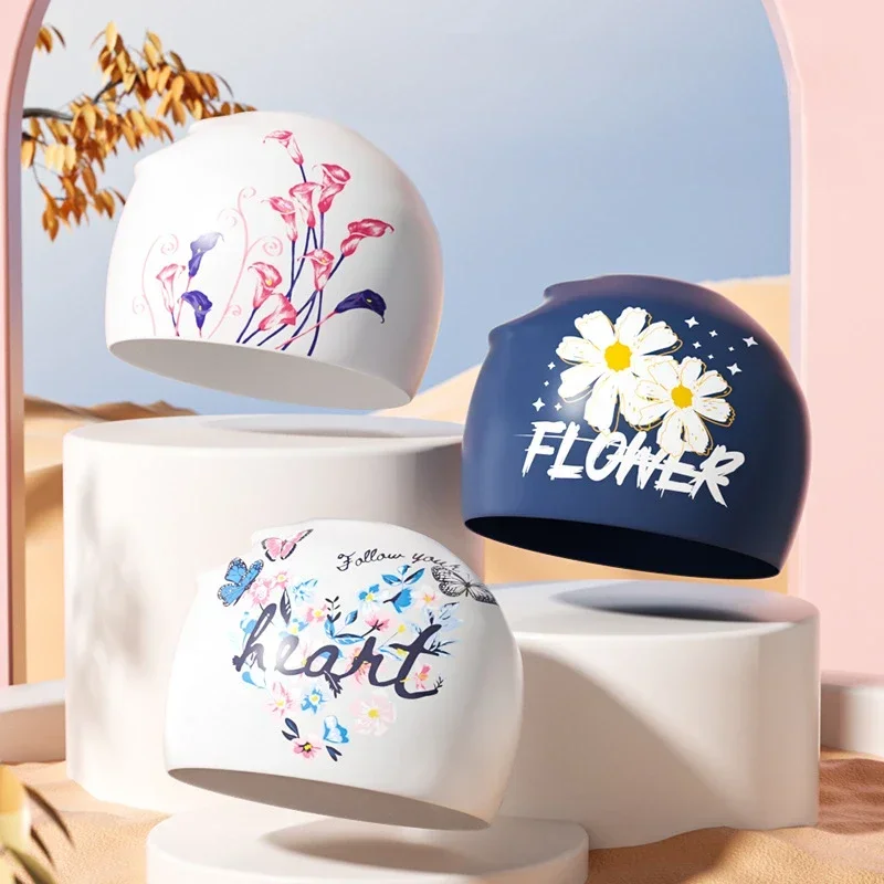 Printed Swim Caps for Women Large Size Comfortable Silicone Swimming Cap Long Hair Ear Protection Swimming Cap Pool Accessories 3