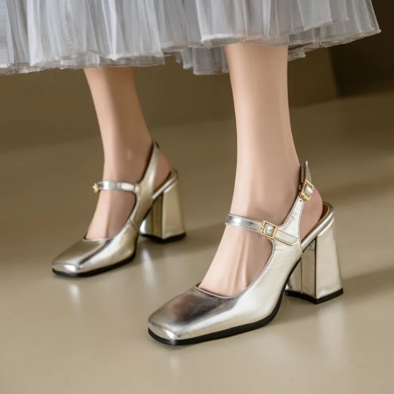 Damen Mary Jane Schuhe Slingback - Quadratische Zehen Chunky Heel 5cm