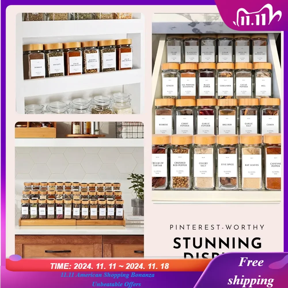 Glass Spice Jars with Label, 4oz-36 Pack Bamboo Spice Jars, Bottles Empty Glass with Labels