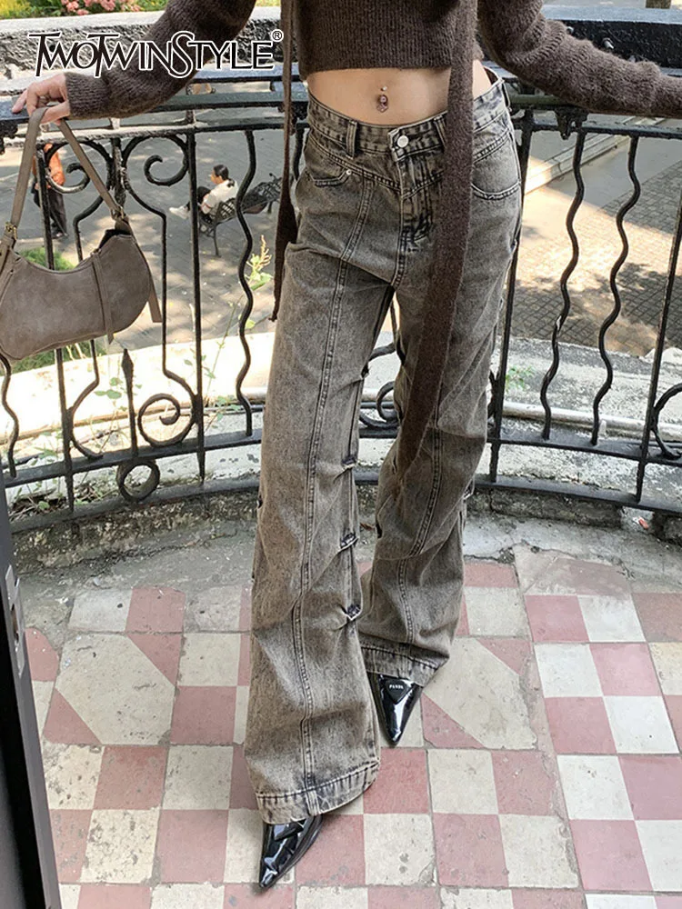 

TWOTWINSTYLE Patchwork Folds Loose Full Length Pants For Women High Waist Spliced Pockets Casual Streetwear Jeans Female Fashion