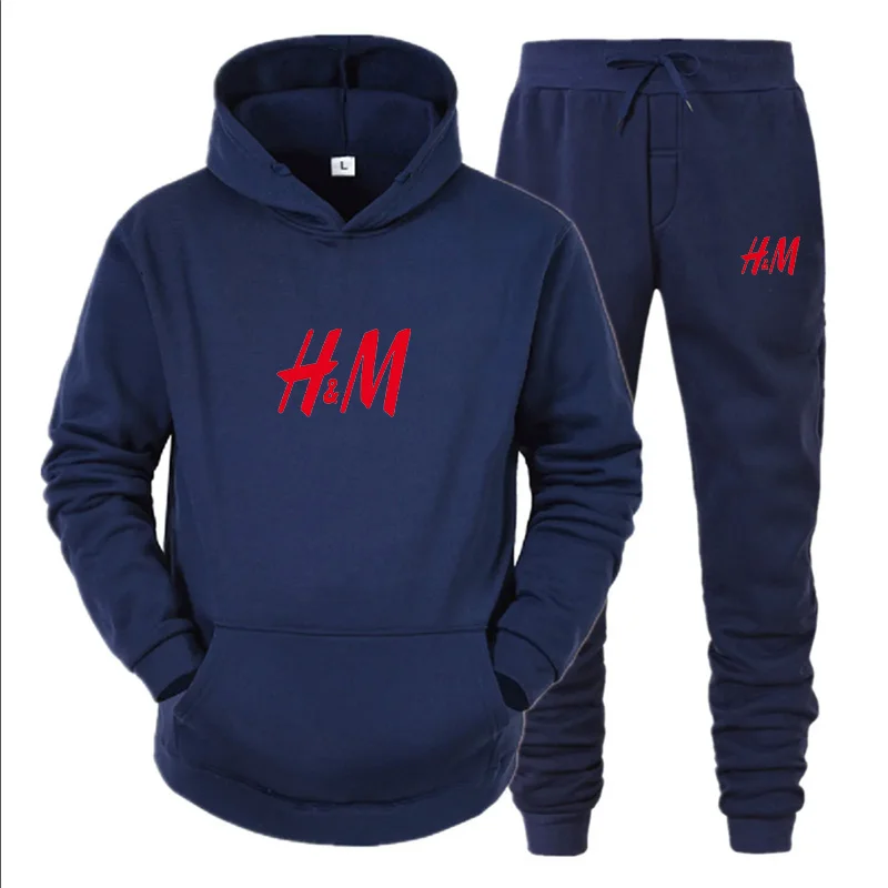 HM printed men's new autumn/winter sweater stand up collar hooded sweater jacket and casual pants two-piece set