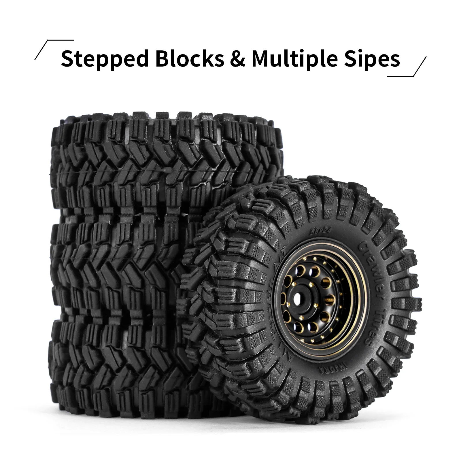 INJORA 블랙 코팅 황동 1.0 비드록 휠 타이어 세트 1/24 1/18 RC 크롤러 자동차 축 SCX24 AX24 TRX4M FCX24