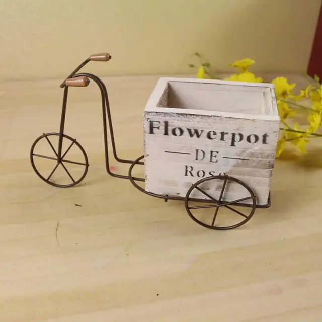 Divat Vaskerék Virág Pot Antik Fa Ültetvényes Virágcserép Mozgatható Kertészkedés Kerékpár Edény Otthoni Kerti Dekorációhoz - Image 3