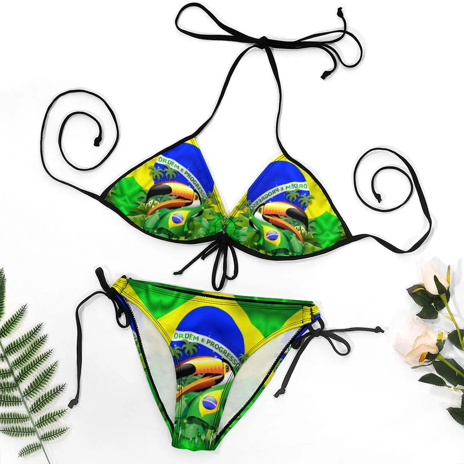 

Toco Toucan on Brazil Flag Funny Graphic Sexy Bikini Geek Swimming Women's Bikinis High Grade Swimsuit