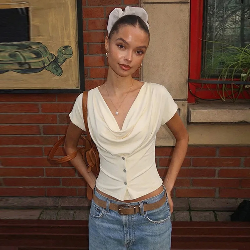 Tuularose Women Summer Top Fashion Button-Front Patchwork V-Neck Pleated Fitted Top New Casual High-Street Party Female T-Shirts