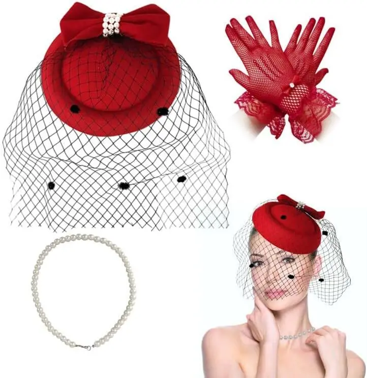 Fascinator Hats Fascinators Hats 20s 50s Hat Pillbox Hat Cocktail Tea Party Headwear with Veil Necklace gloves Set for Girls and Women