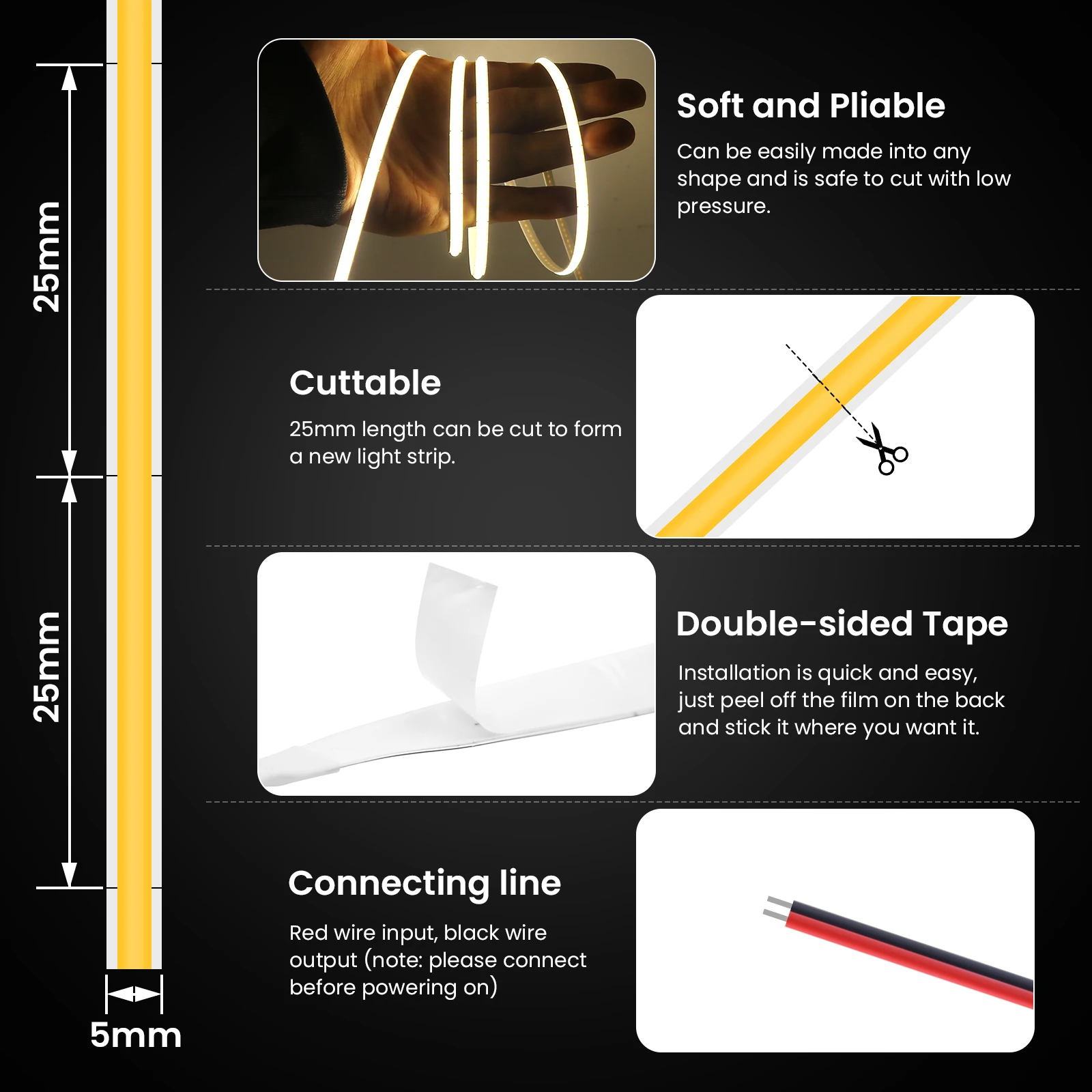 3MM 5MM 8MM COB LED Strip 5V 320LEDs/M RA90 High Density Dimmable Linear Lighting USB Ultra Thin Flexible Tape Light 3000K-6500K