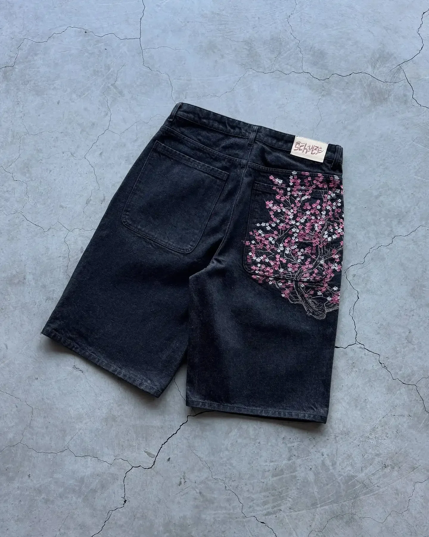Y2k Vintage Hip Hop Cherry Blossom Pattern Embroidery Denim Shorts Baggy Straight Wide Leg Jeans Short Men Women Street Jorts 1