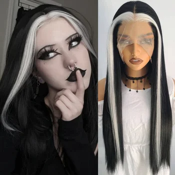 Black and White Highlight Wig Straight Synthetic Lace Front Wig Glueless Skunk Stripe Highlighted Ombre Black Wigs for Women
