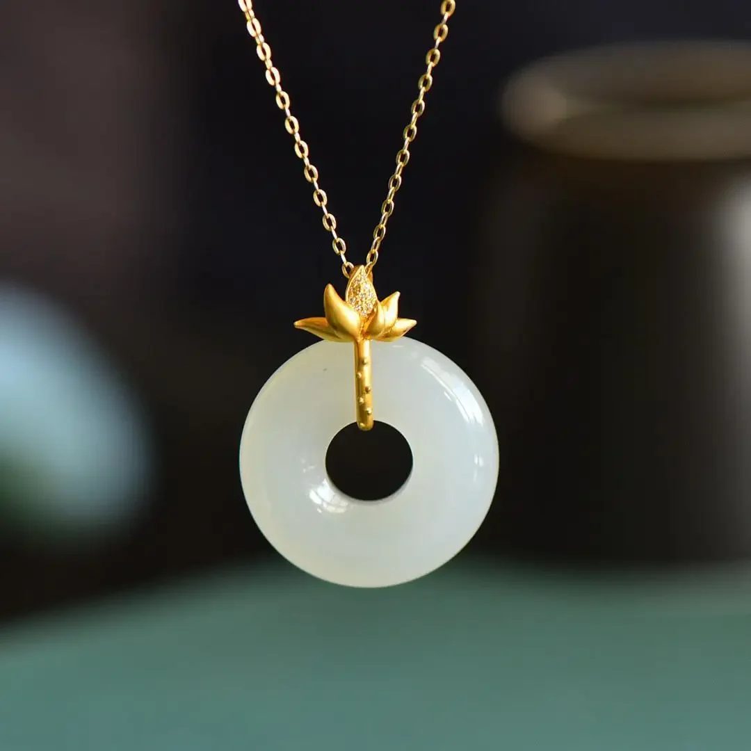 Independent design Hetian jade rings for women golden lotus necklace pendant ladies jewelry