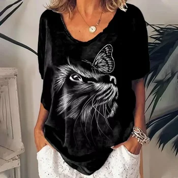 Retro Women's T Shirt Anime Cat Graphic Girl Clothes Summer V-neck Short Sleeve Tees Female Harajuku Streetwear Oversized Blouse 6