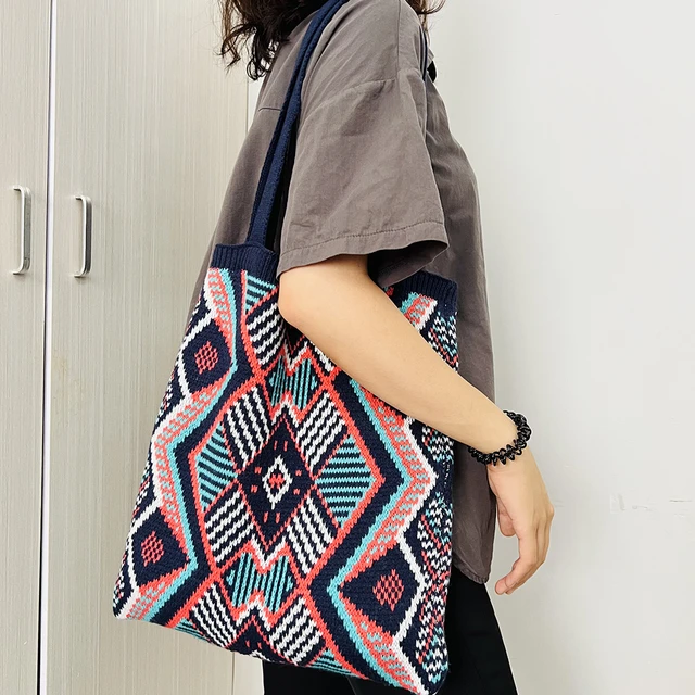 AMINAH-totem knitting mix and match ethnic style backpack-black