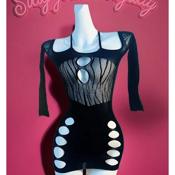 1PC Women Fishnet Cover Up Without Bikini Sexy Lingerie See Through Hollow Out Bodycon Dress Long Sleeve Beachwear DS074 1