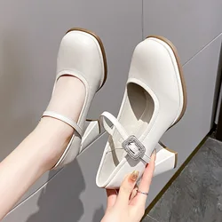 Casual Heels Lolita Shoes Shallow Mouth 2024 Chunky Sandals Branded Pumps Square Toe Clogs for Women Comfortable 3cm Mary Jane S