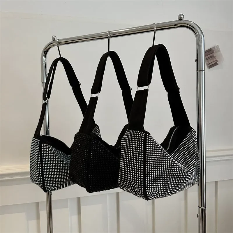 Luxury Designer Underarm Purse Female Shiny Rhinestone Stylish Women Shoulder Bag Wide Strap Crossbody Bag